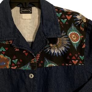 Denim Shirt Shacket Vintage Bon Worth Women's L Dark Blue Aztec Southwest Chore